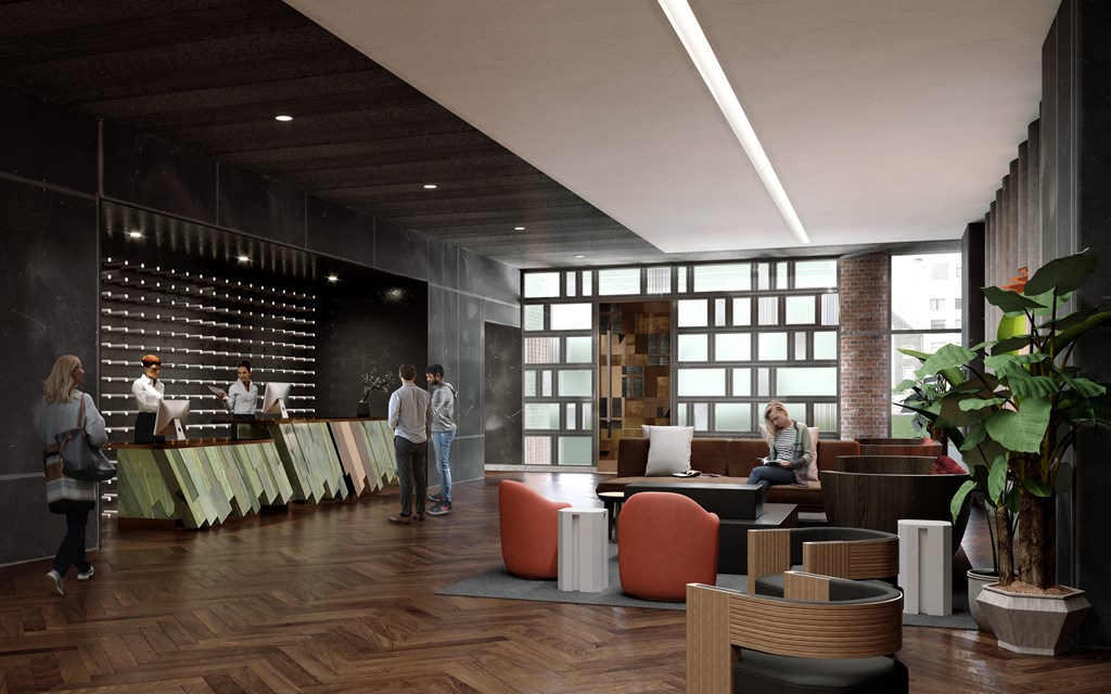 a rendering of a lobby with people standing around and tables and chairs