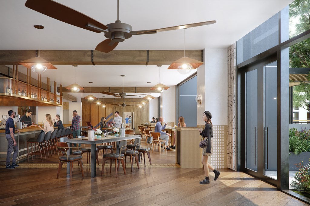 a rendering of a restaurant with people sitting at tables and a lobby with large windows