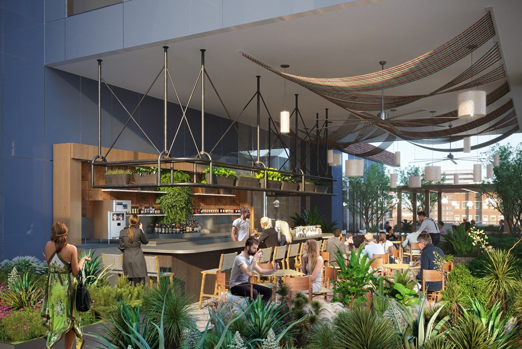 a rendering of a restaurant with people sitting at tables and plants
