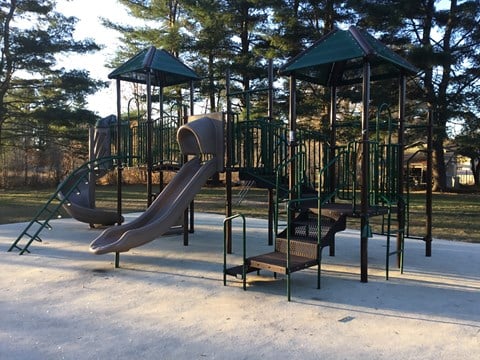 a playground with a slide and other equipment in a park