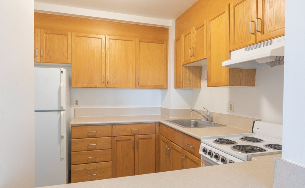 a kitchen with wooden cabinets and a stove and a refrigerator