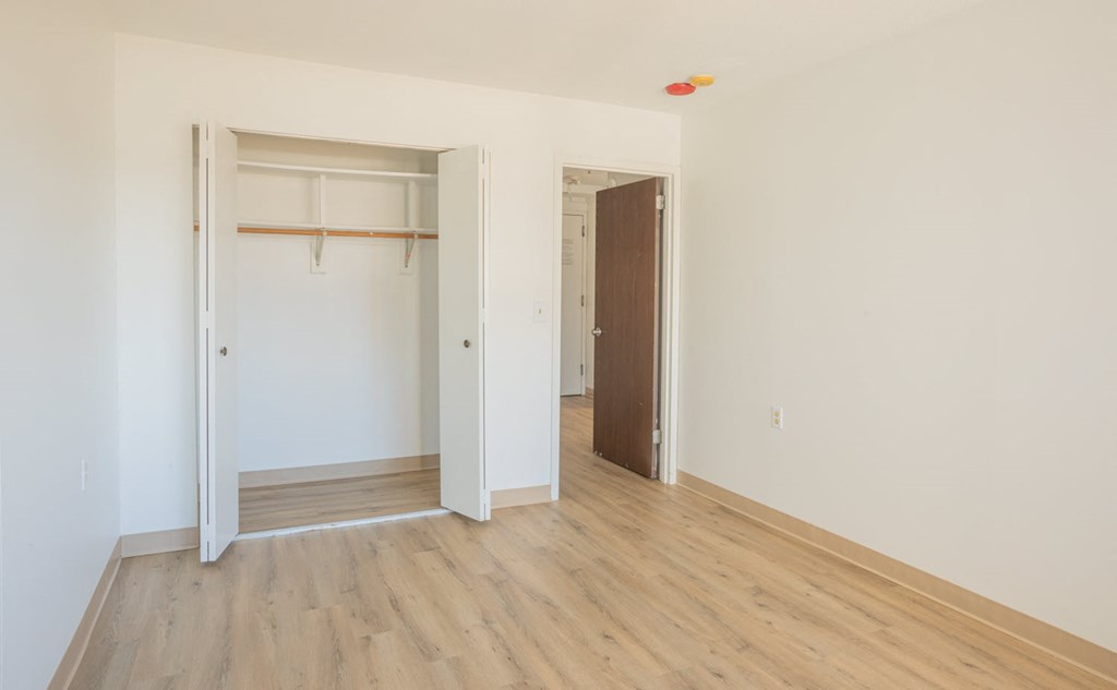 a bedroom with white walls and wood floors and a closet