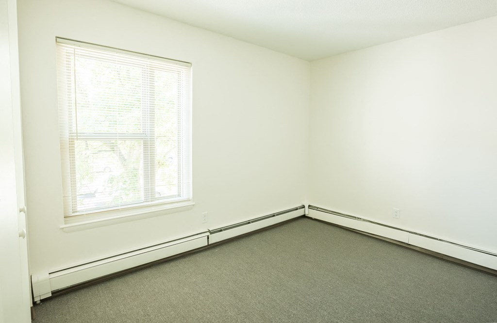 an empty room with a window and a carpet