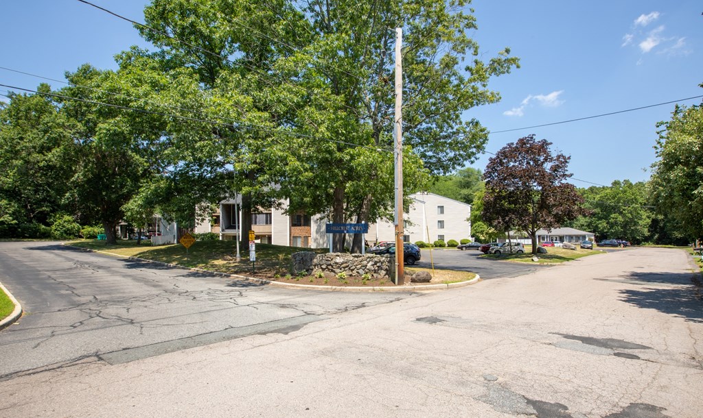 the corner of a street with trees and a white building