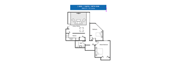 A floor plan of a 1 bedroom apartment with a bathroom and den.