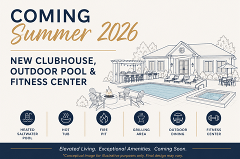 A poster announcing a new clubhouse, outdoor pool, and fitness center coming in the summer of 2026.