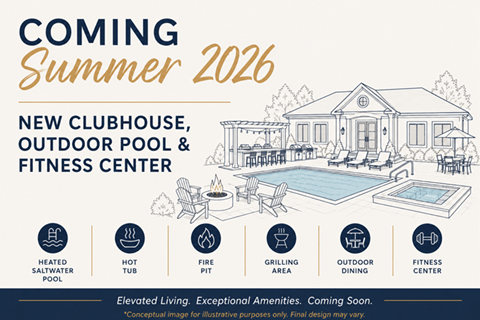 A poster announcing a new clubhouse, outdoor pool, and fitness center coming in the summer of 2026.