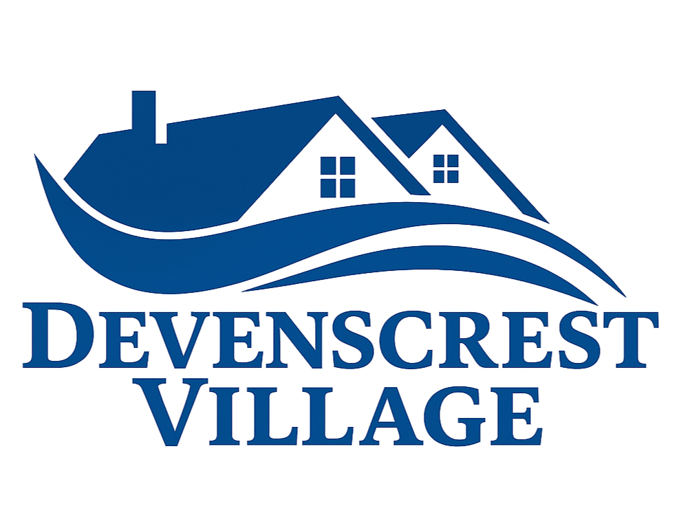 A logo for Devenscrest Village features a stylized house above rolling waves.