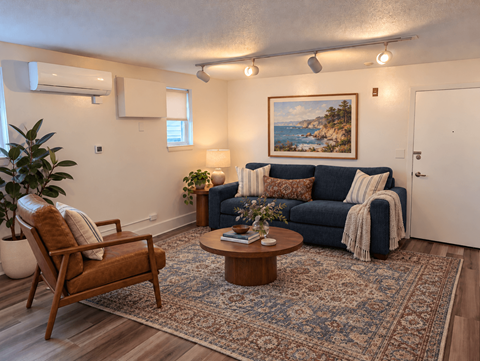 A living room with a blue couch and a painting of a beach scene on the wall.