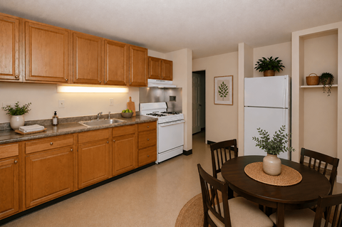 A kitchen with wooden cabinets and a white refrigerator.