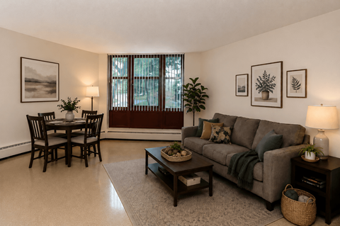 A living room with a grey couch, a wooden table, and a window with blinds.