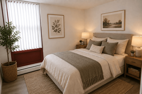 A bedroom with a large bed and a potted plant.