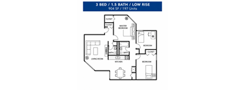A floor plan of a 3 bedroom, 1.5 bathroom, low rise home with 197 units.
