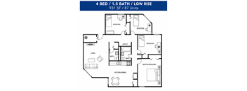A floor plan of a 4 bedroom, 1.5 bathroom, low rise property with 931 square feet and 87 units.