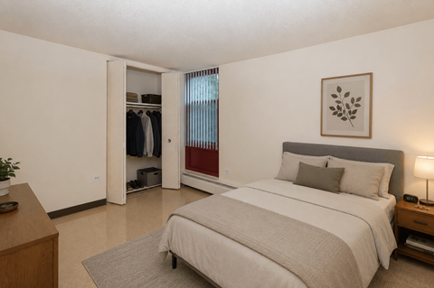 A bedroom with a large bed and a wardrobe with clothes hanging in it.