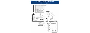 A floor plan of a 1 bedroom, 1 bathroom apartment with a den.