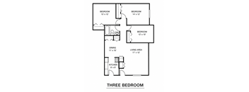 A black and white image of a three bedroom floor plan.