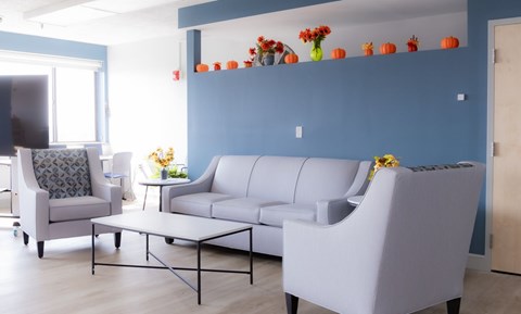 A living room with a grey sofa, a grey armchair, and a small table with flowers.