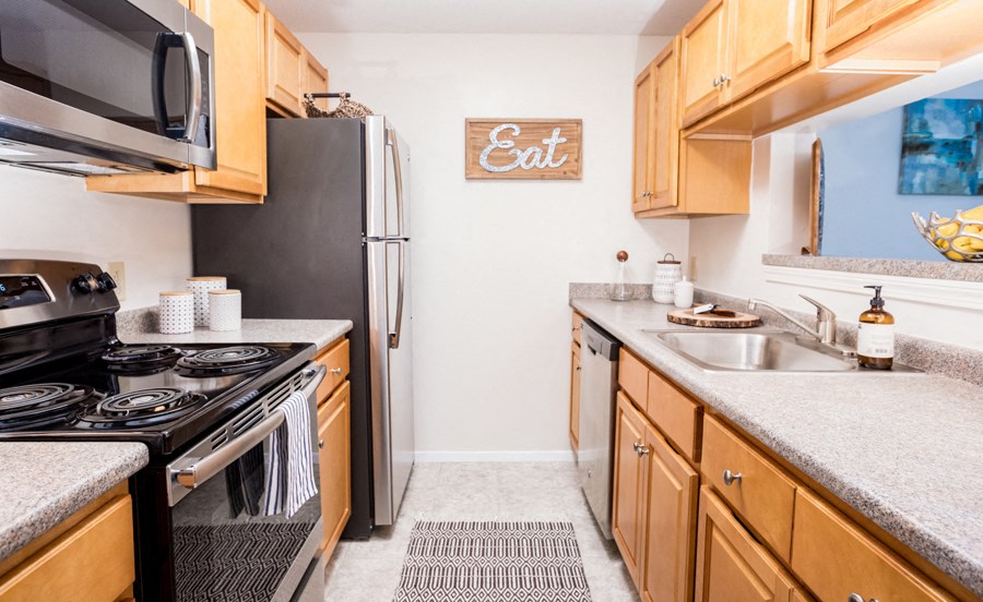 Kitchen, stainless steel, appliances, cabinets, counters