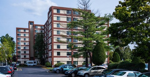 View of building parking and landscaped grounds