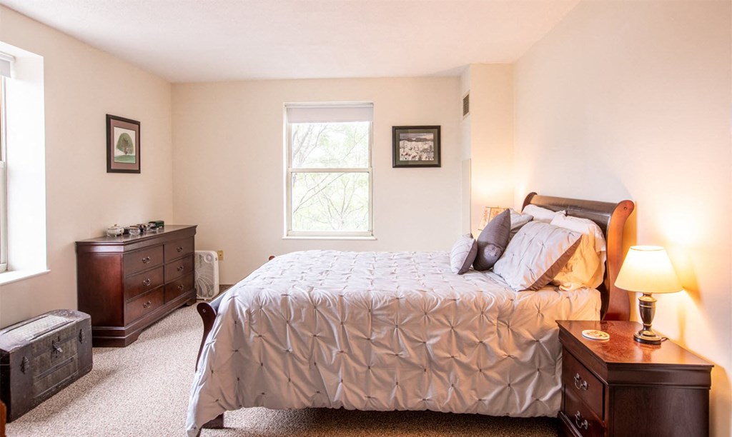 a bedroom with a bed and two dressers and a window