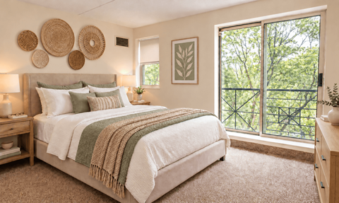 A bedroom with a large bed and a view of trees outside the window.