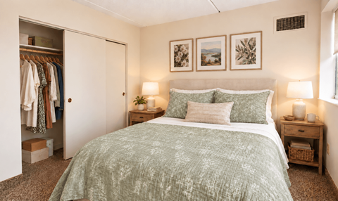 A bedroom with a bed, nightstands, and a closet.