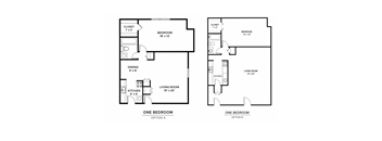 Two floor plans for a one bedroom apartment.