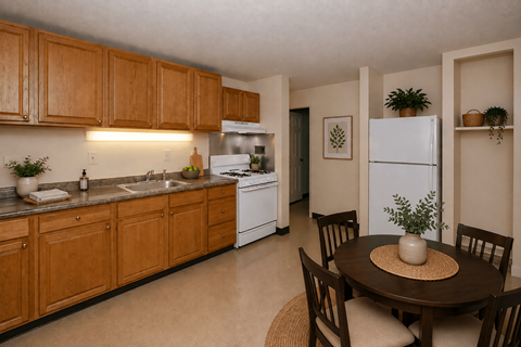 A kitchen with wooden cabinets and a white refrigerator.