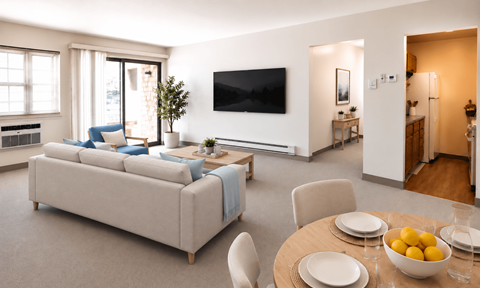 A modern living room with a large couch and a television mounted on the wall.