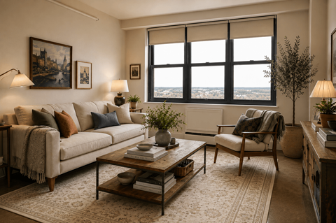 A cozy living room with a large window overlooking the city.
