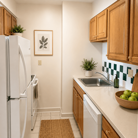 A kitchen with a white fridge and wooden cabinets.