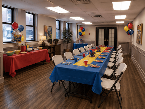 A room with tables set up for a party with red and blue tablecloths.