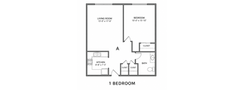 A floor plan of a one bedroom apartment with a living room, bedroom, kitchen and bathroom.