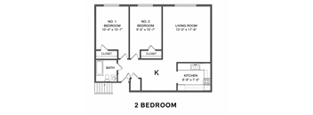 A drawing of a 2 bedroom apartment.