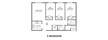 A drawing of a 3 bedroom apartment.