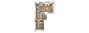 A floor plan of a small apartment with a kitchen, living room, and bedroom.