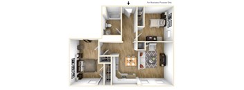 A detailed 3D floor plan of a small apartment layout.