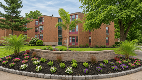 A brick building with a flower bed in front.