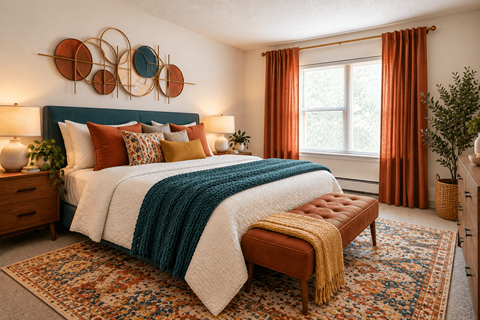 A bedroom with a bed, a bench, and a wall art.