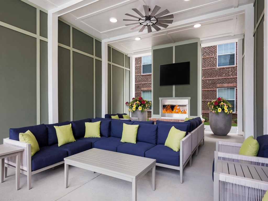 Outdoor Pavilion with Fireplace, TV and Lounge Seating at Ardmore at the Trail, Indian Trail, NC