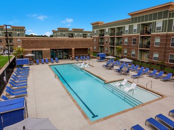 Resort-Style Swimming Pool with Sun Shelf and Fountains pool at Ardmore at the Trail in 28079 in the day - Photo Gallery 2