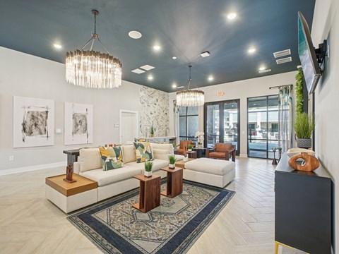 A living room with a white couch and a rug.