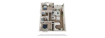 Floor plan of a 1 bedroom apartment The Sundrop 1,162 sq. ft. at Ardmore at Flowers, North Carolina