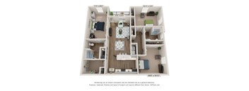 Furnished floor plan of a 3 bedroom apartment The Bluestar 1,622 sq. ft. at Ardmore at Flowers, North Carolina