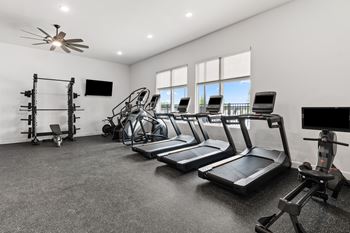 A spacious home gym with treadmills, a stationary bike, and a weight rack.