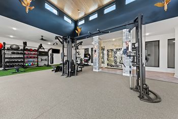 A gym with a variety of equipment including a squat rack, a bench, and a barbell at Views at Flowers Apartments, North Carolina, 27527