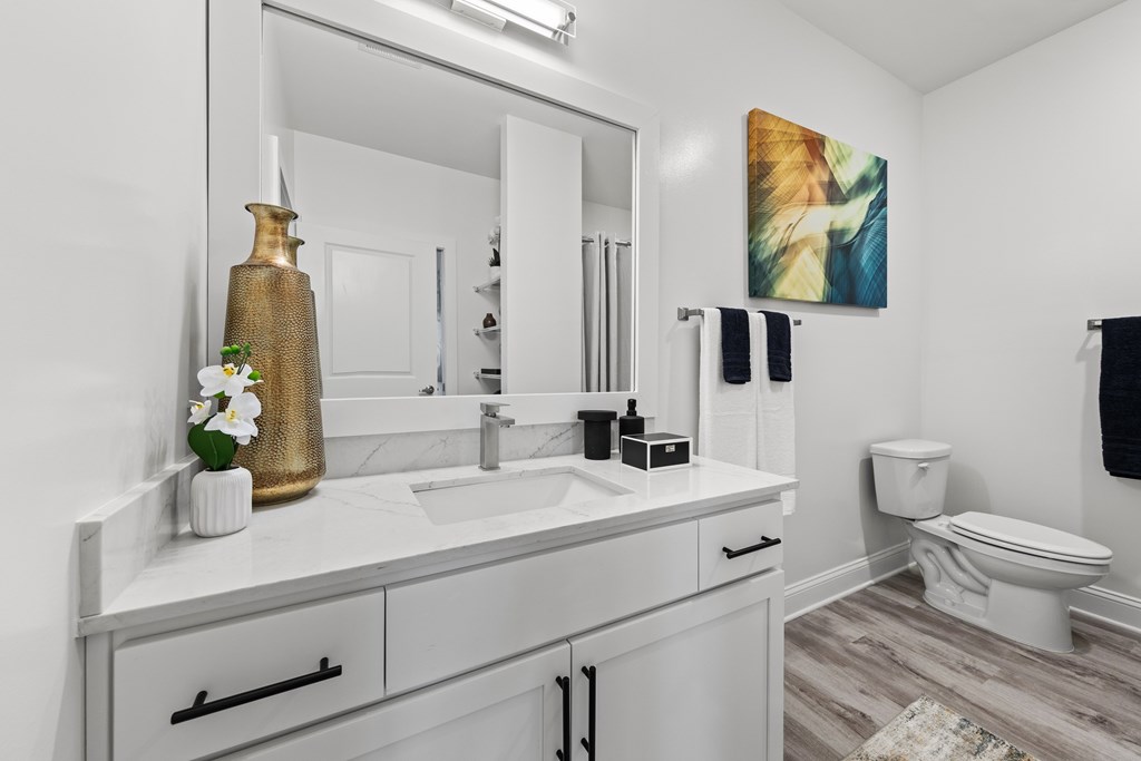 A bathroom with a white vanity and a toilet.
