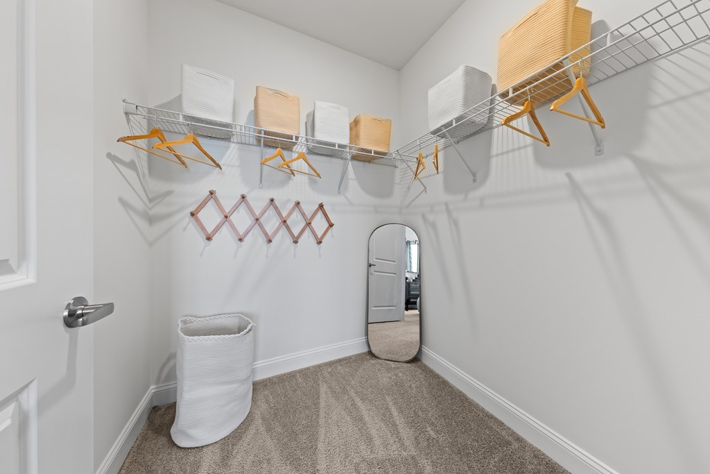 A hallway with a white door, a trash can, a mirror, and a wall with a diamond pattern at Views at Flowers Apartments, Clayton, NC