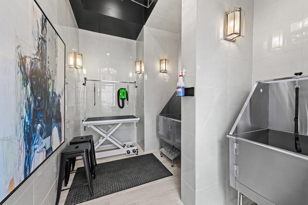 A bathroom with a shower and a sink at Views at Flowers Apartments, North Carolina, 27527